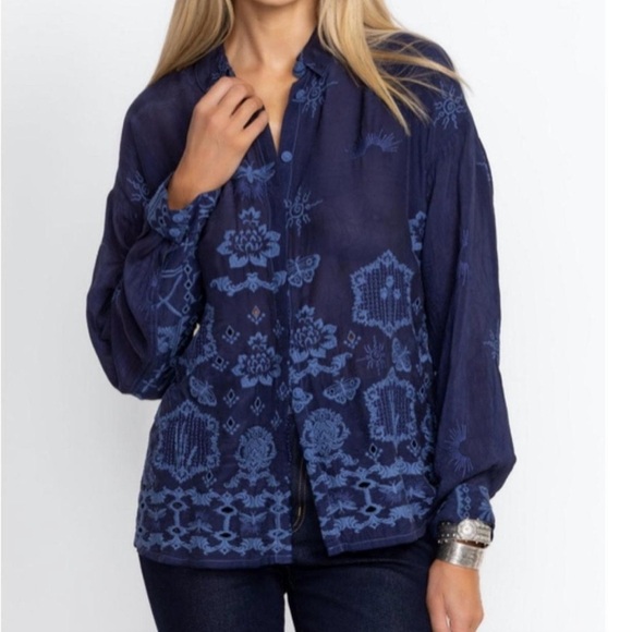 Johnny Was button down blue blouse in In Firefly Glow Navy NEW - Picture 4 of 10